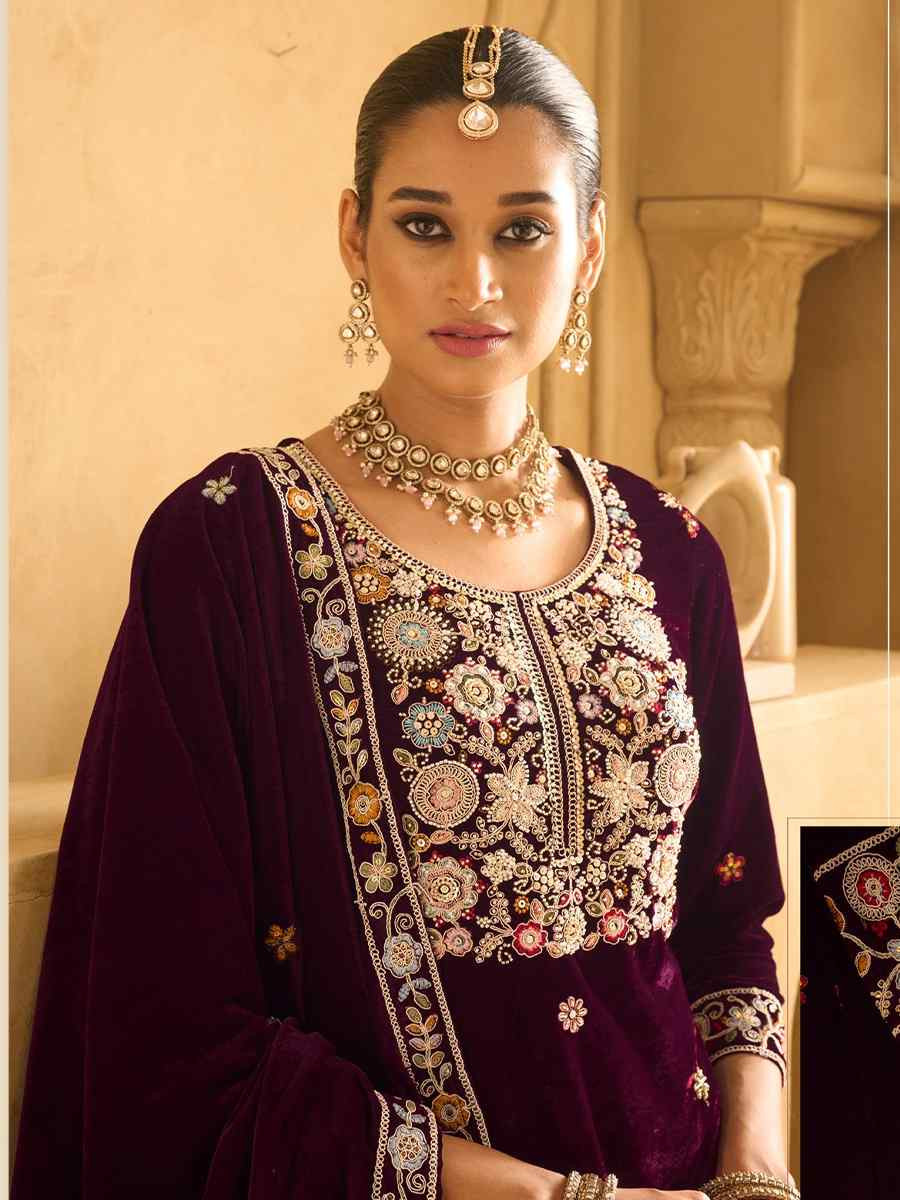 Wine Velvet Embroidered Festival Casual Palazzo Pant Salwar Kameez