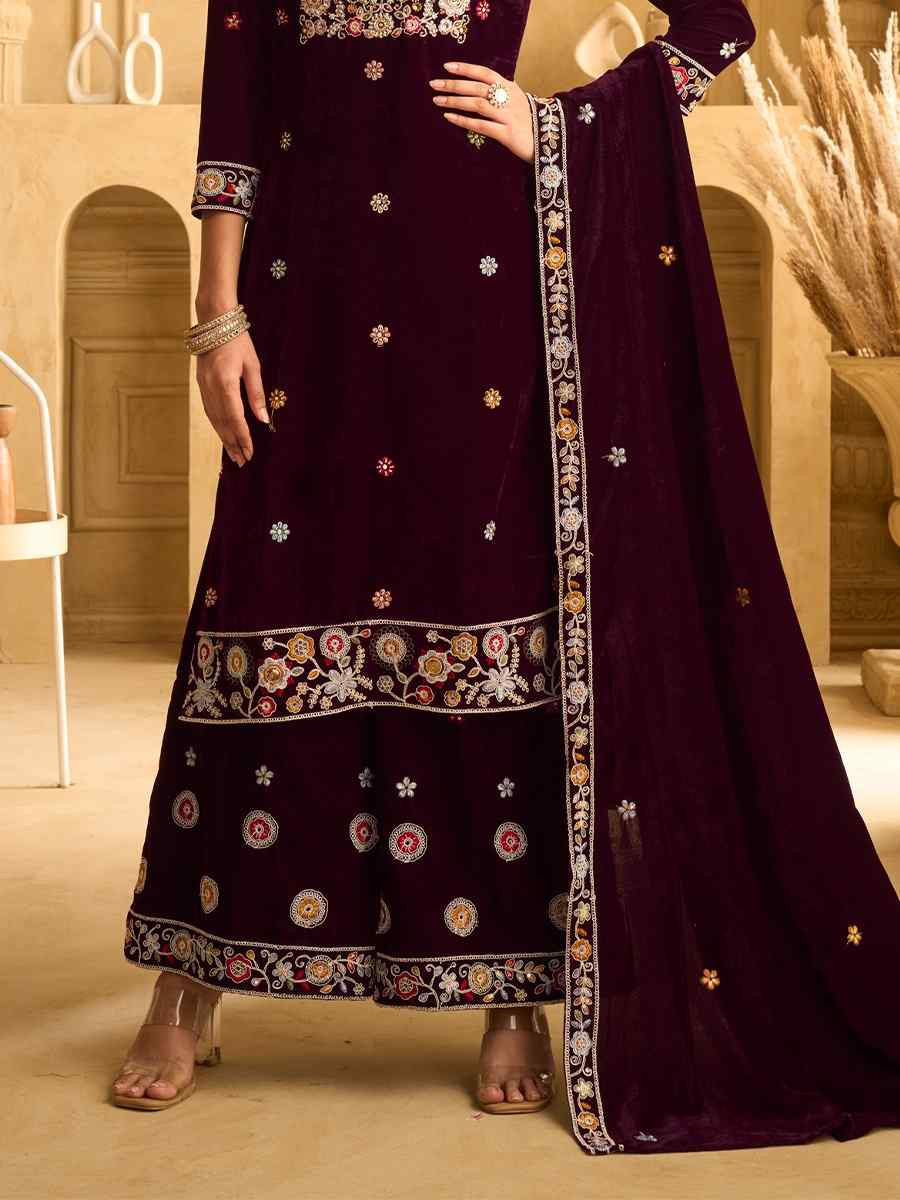 Wine Velvet Embroidered Festival Casual Palazzo Pant Salwar Kameez