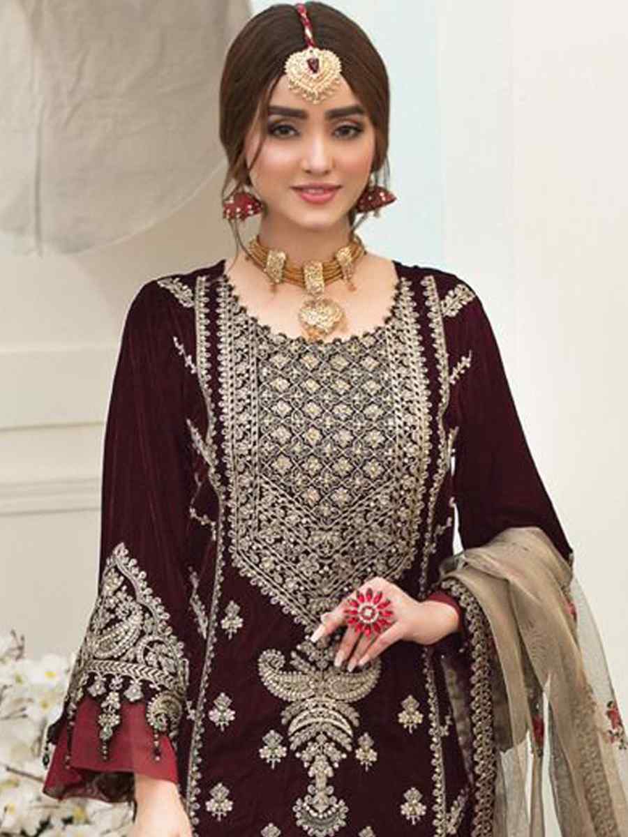 Wine Velvet Embroidered Festival Wedding Pant Salwar Kameez