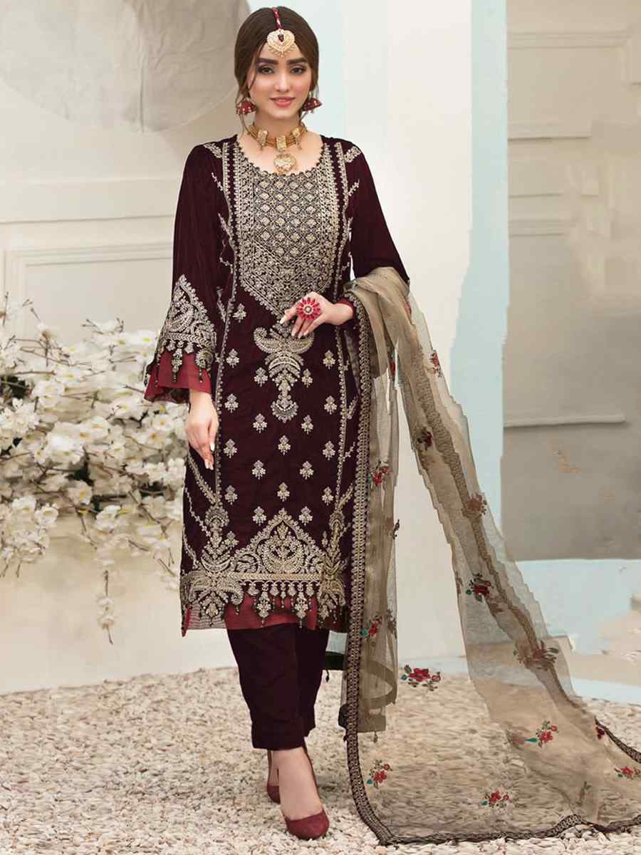 Wine Velvet Embroidered Festival Wedding Pant Salwar Kameez