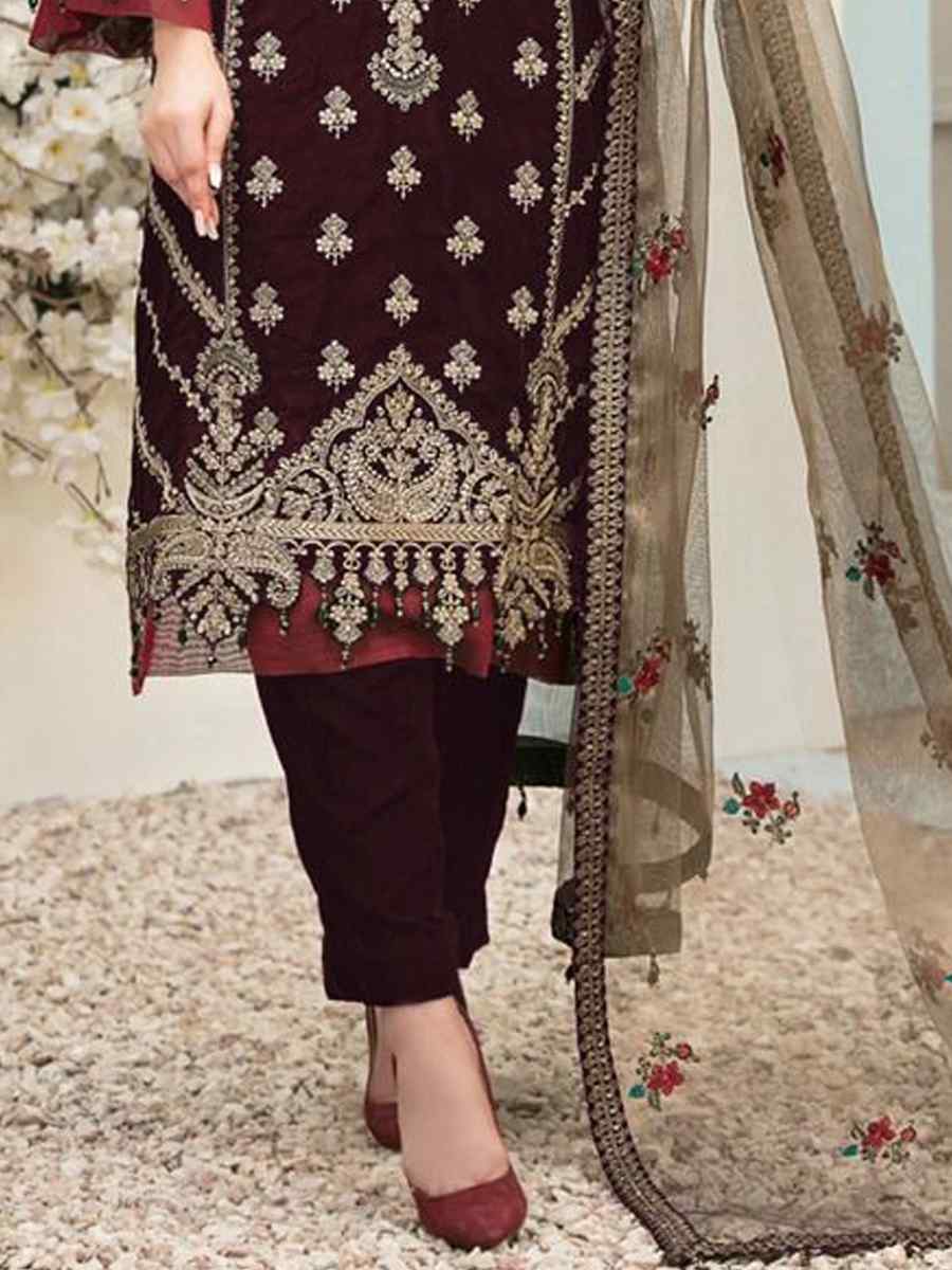 Wine Velvet Embroidered Festival Wedding Pant Salwar Kameez