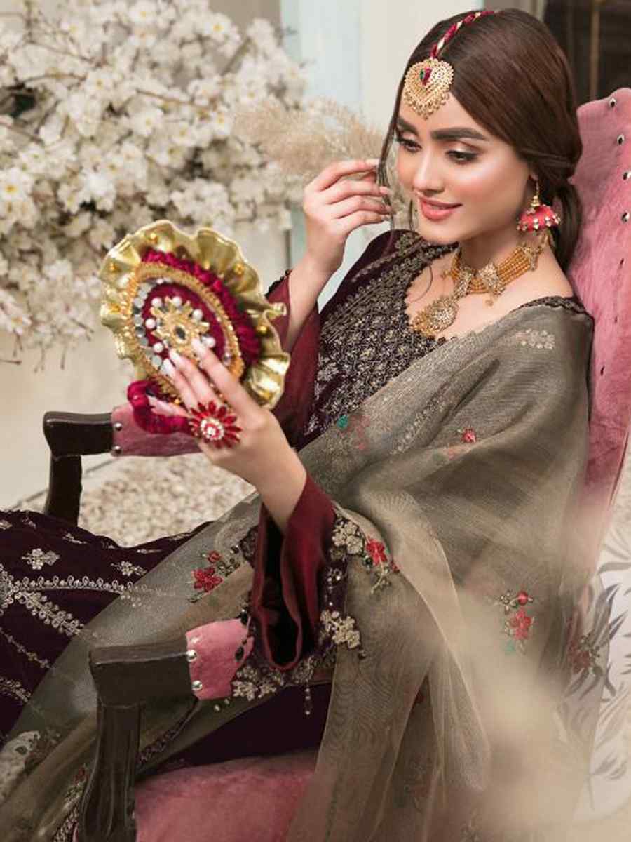 Wine Velvet Embroidered Festival Wedding Pant Salwar Kameez