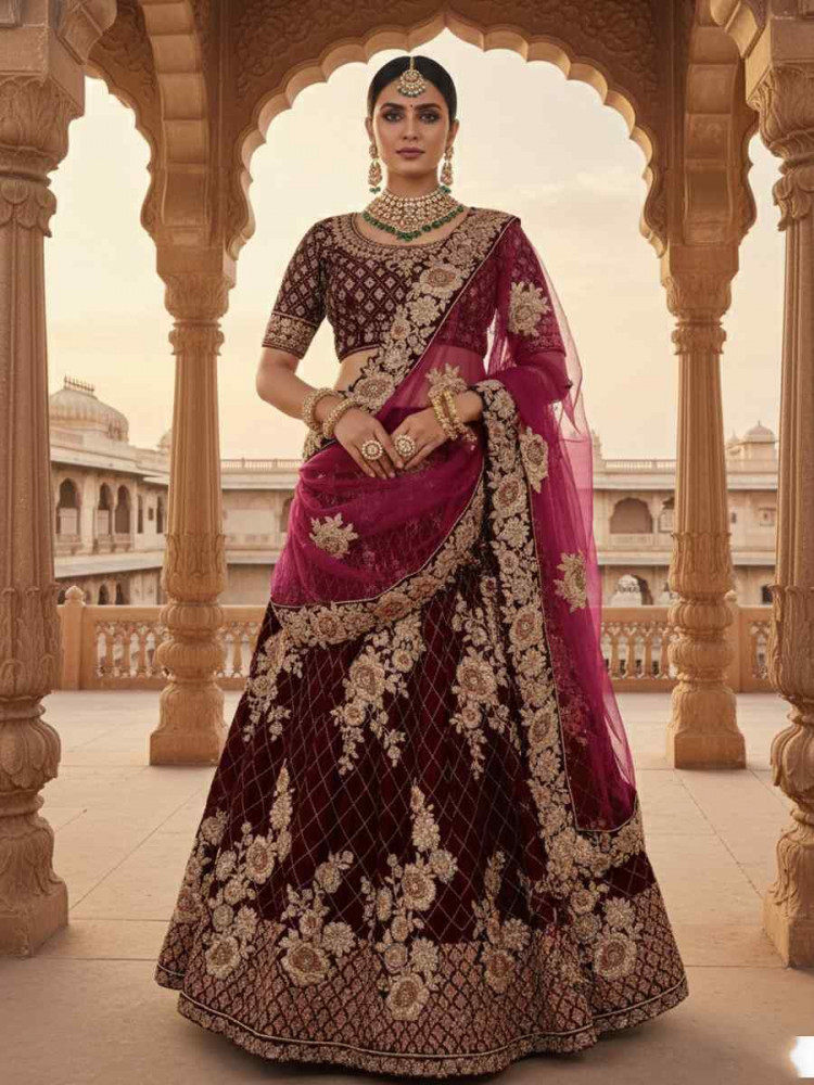 Image of Wine Velvet Embroidered Wedding Reception Festival Heavy Border Lehenga Choli