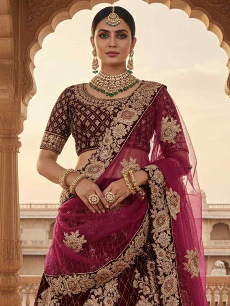 Wine Velvet Embroidered Wedding Reception Festival Heavy Border Lehenga Choli