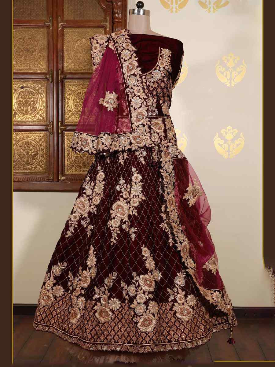 Wine Velvet Embroidered Wedding Reception Festival Heavy Border Lehenga Choli