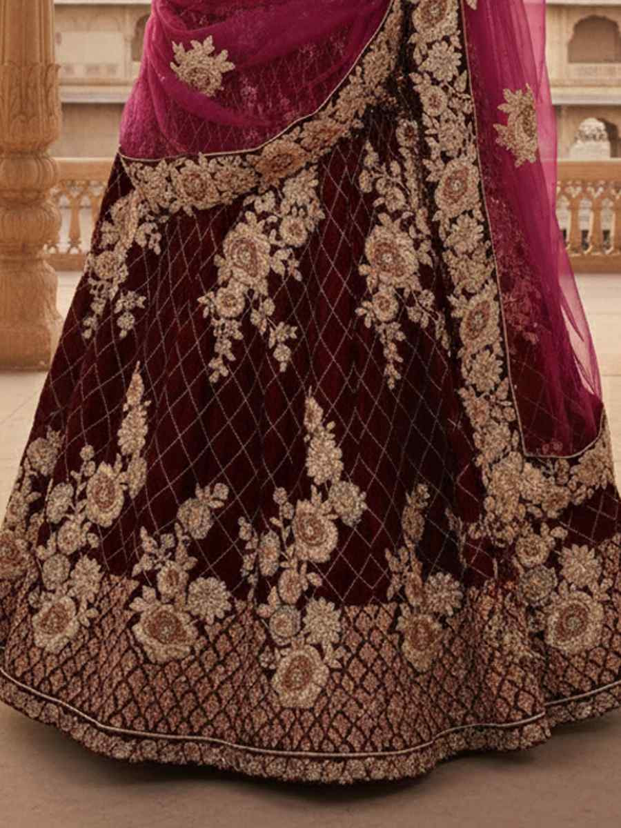 Wine Velvet Embroidered Wedding Reception Festival Heavy Border Lehenga Choli