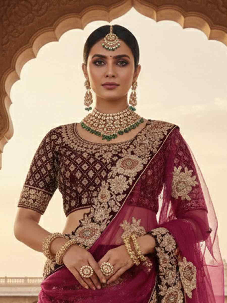 Wine Velvet Embroidered Wedding Reception Festival Heavy Border Lehenga Choli