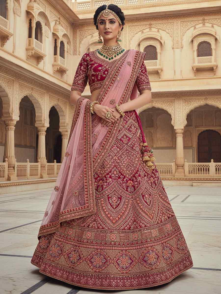 Wine Velvet Embroidered Wedding Reception Festival Heavy Border Lehenga Choli