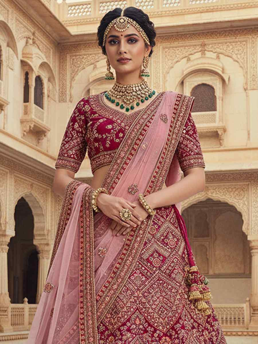 Wine Velvet Embroidered Wedding Reception Festival Heavy Border Lehenga Choli