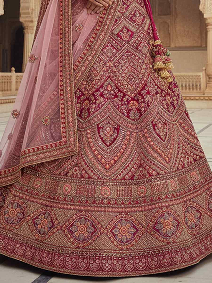 Wine Velvet Embroidered Wedding Reception Festival Heavy Border Lehenga Choli