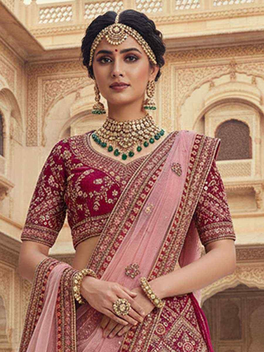 Wine Velvet Embroidered Wedding Reception Festival Heavy Border Lehenga Choli