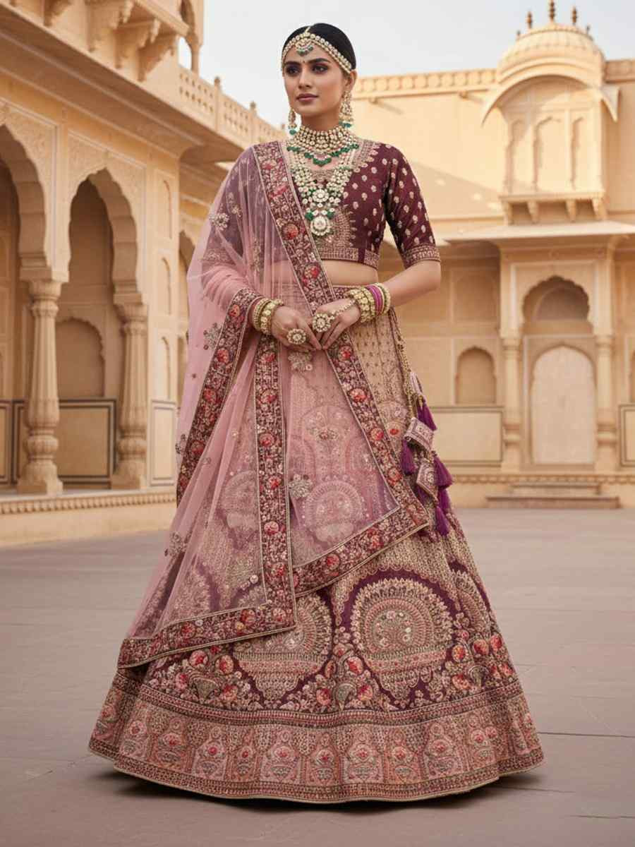 Wine Velvet Embroidered Wedding Reception Festival Heavy Border Lehenga Choli