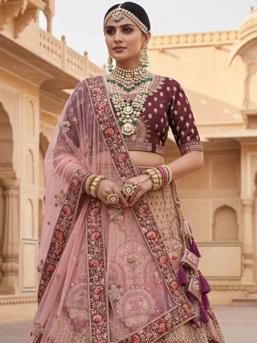 Wine Velvet Embroidered Wedding Reception Festival Heavy Border Lehenga Choli