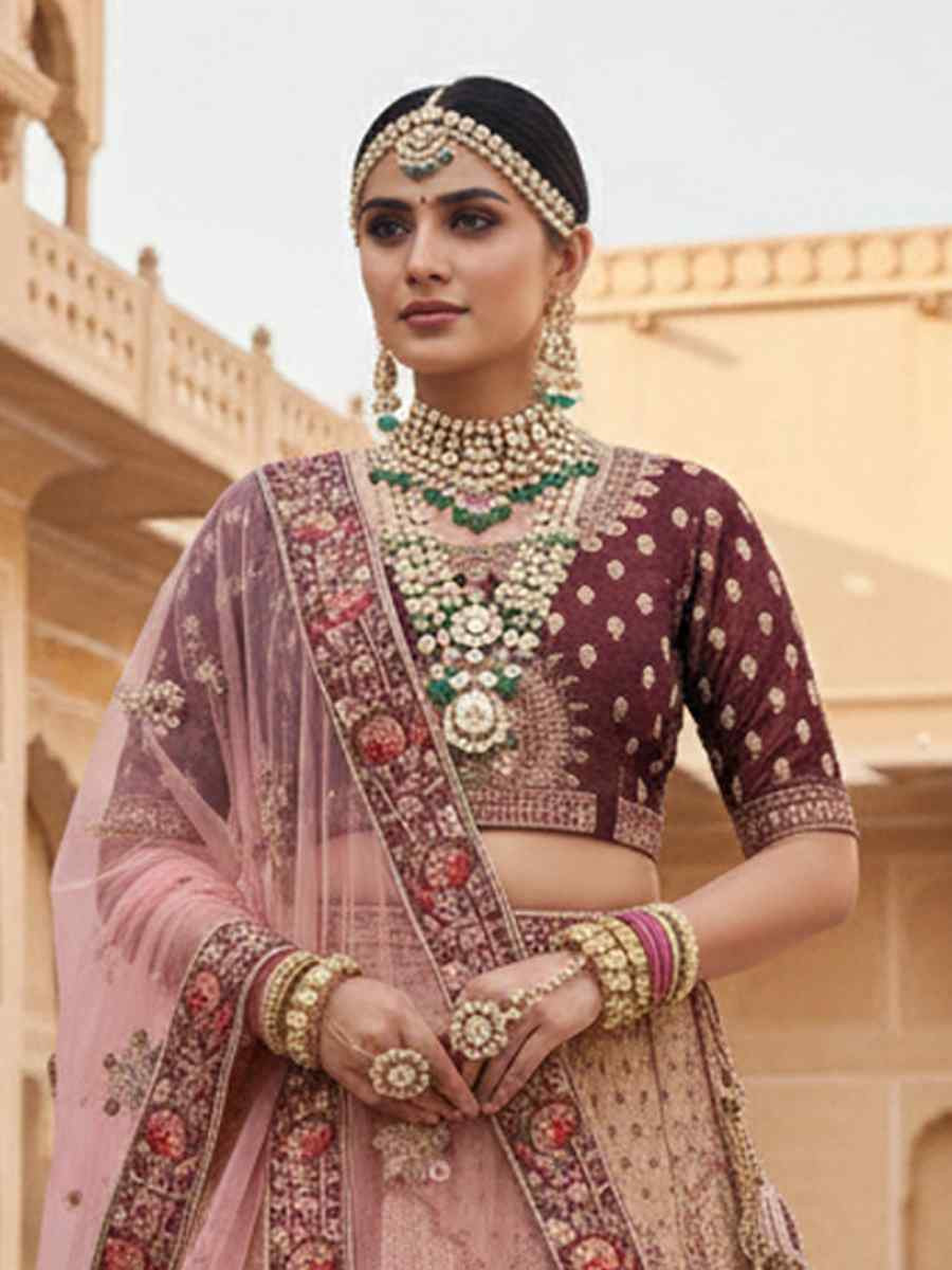 Wine Velvet Embroidered Wedding Reception Festival Heavy Border Lehenga Choli