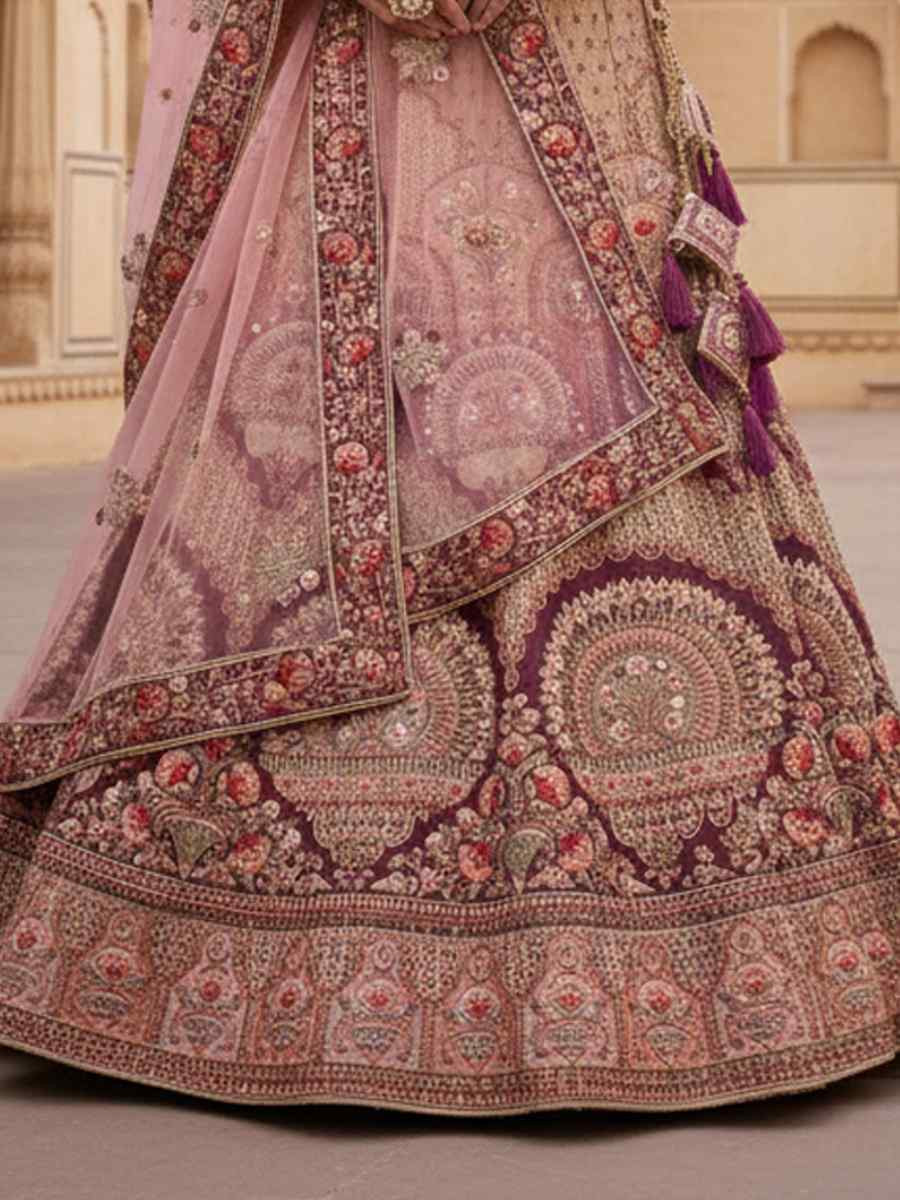 Wine Velvet Embroidered Wedding Reception Festival Heavy Border Lehenga Choli