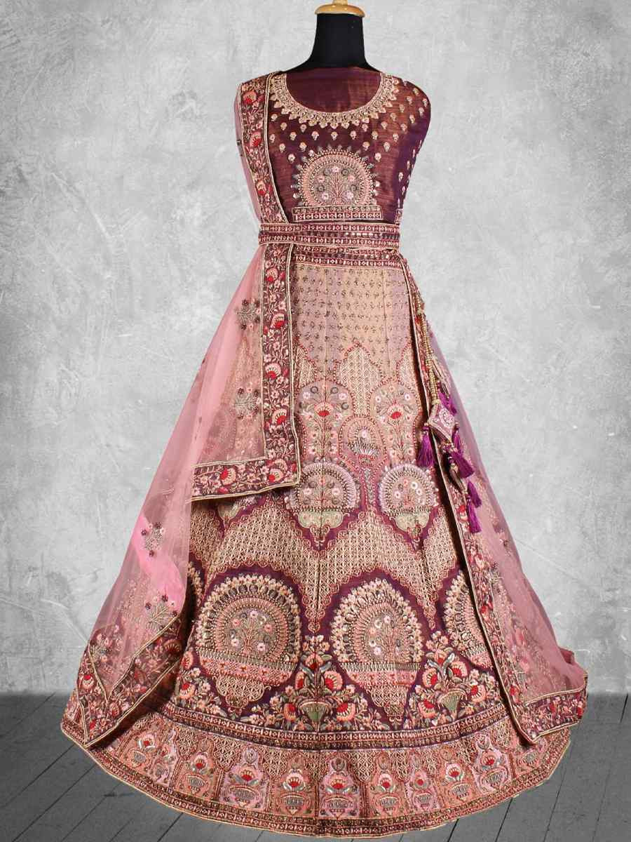 Wine Velvet Embroidered Wedding Reception Festival Heavy Border Lehenga Choli