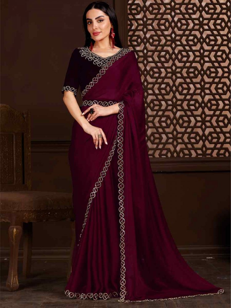 Wine Velvet Handwoven Party Festival Classic Style Saree
