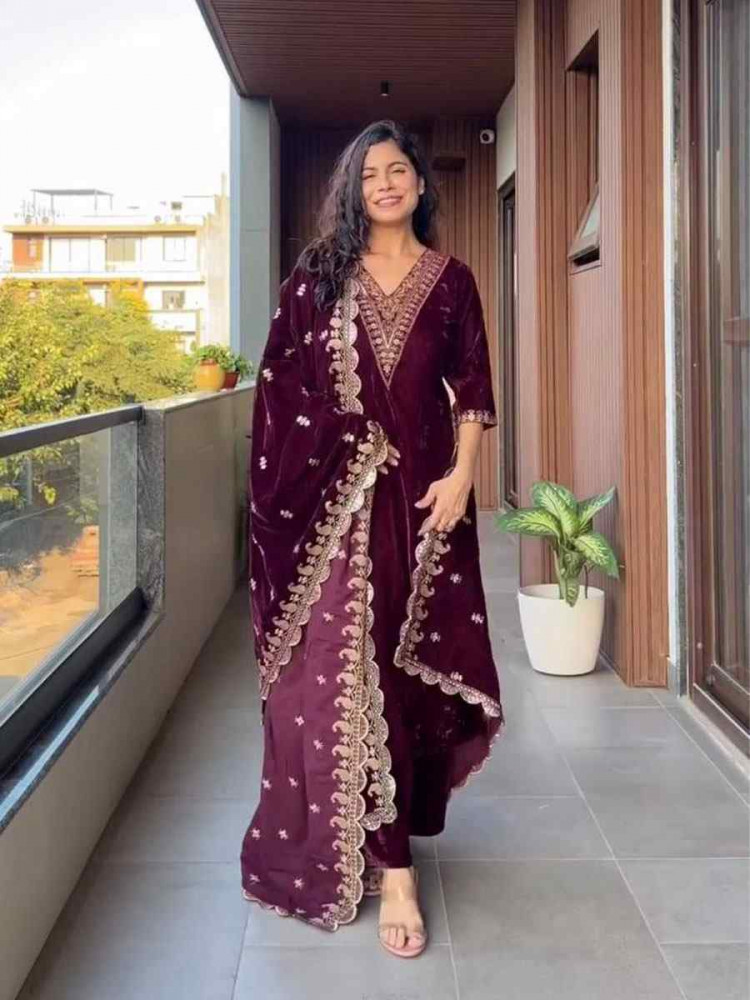 Image of Wine Velvet Plain with Embroidery Party Wedding Festival Casual Ready Pant Salwar Kameez