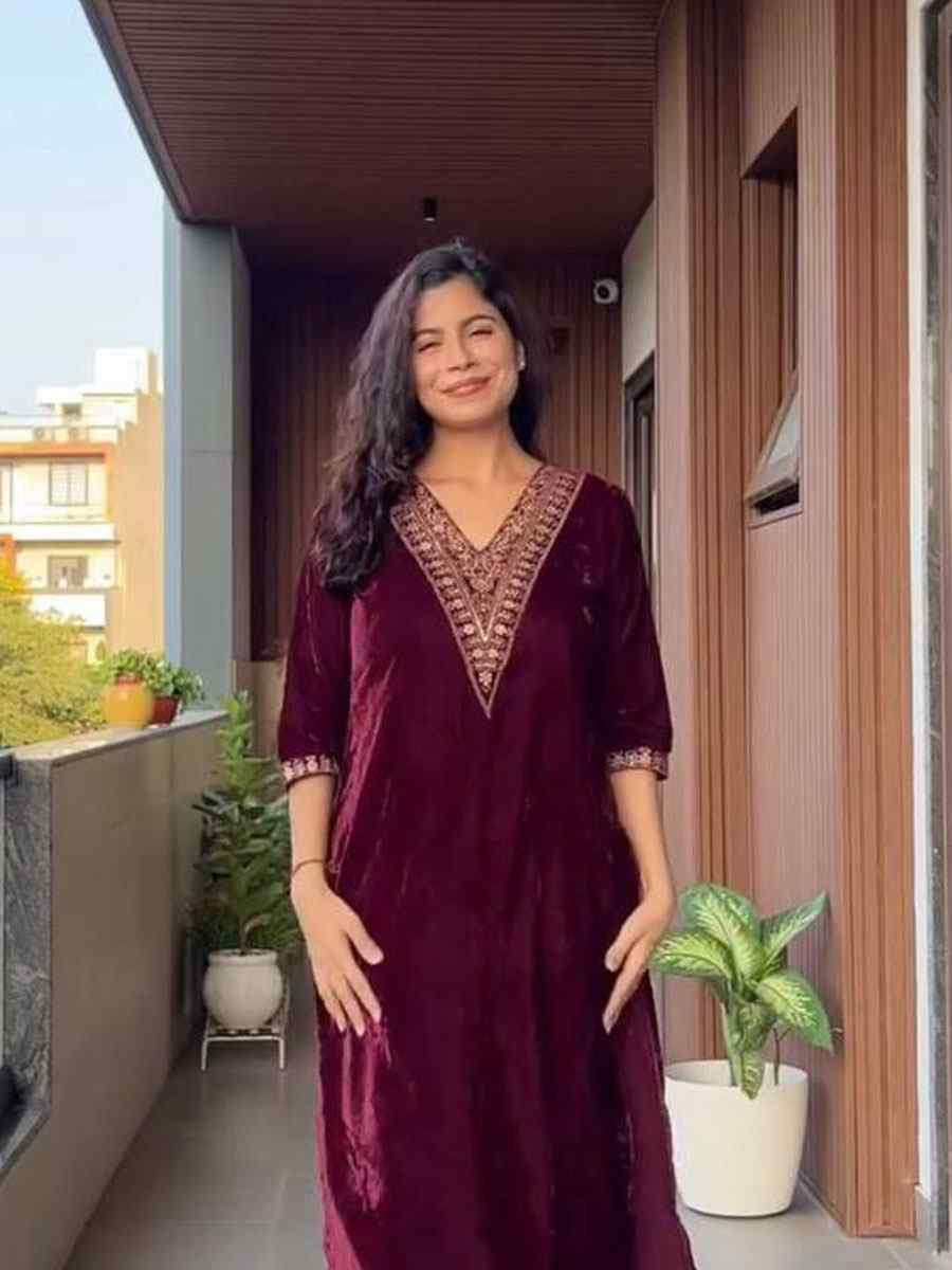 Wine Velvet Plain with Embroidery Party Wedding Festival Casual Ready Pant Salwar Kameez