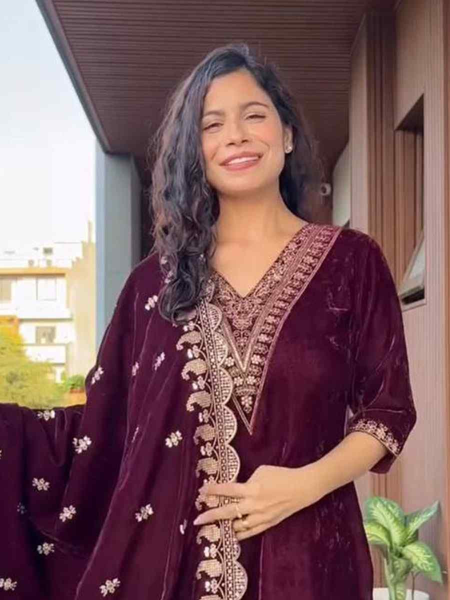 Wine Velvet Plain with Embroidery Party Wedding Festival Casual Ready Pant Salwar Kameez