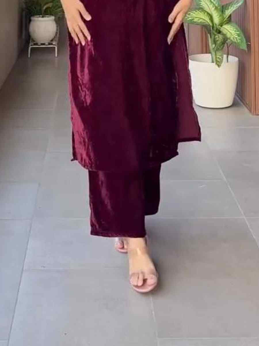 Wine Velvet Plain with Embroidery Party Wedding Festival Casual Ready Pant Salwar Kameez