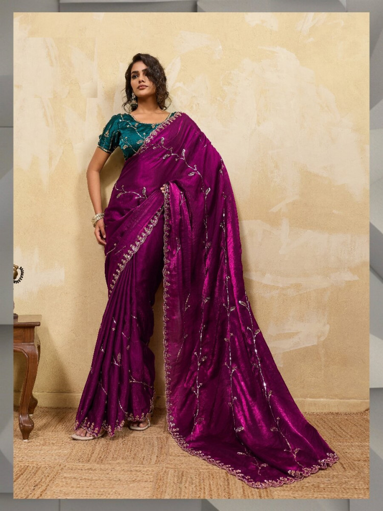 Image of Wine Velvet Satin Sequins Wedding Reception Festival Party Heavy Border Sarees