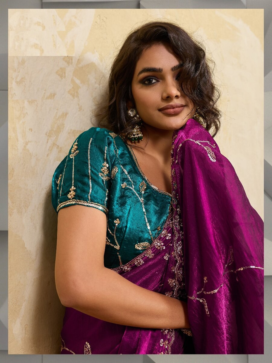 Wine Velvet Satin Sequins Wedding Reception Festival Party Heavy Border Sarees