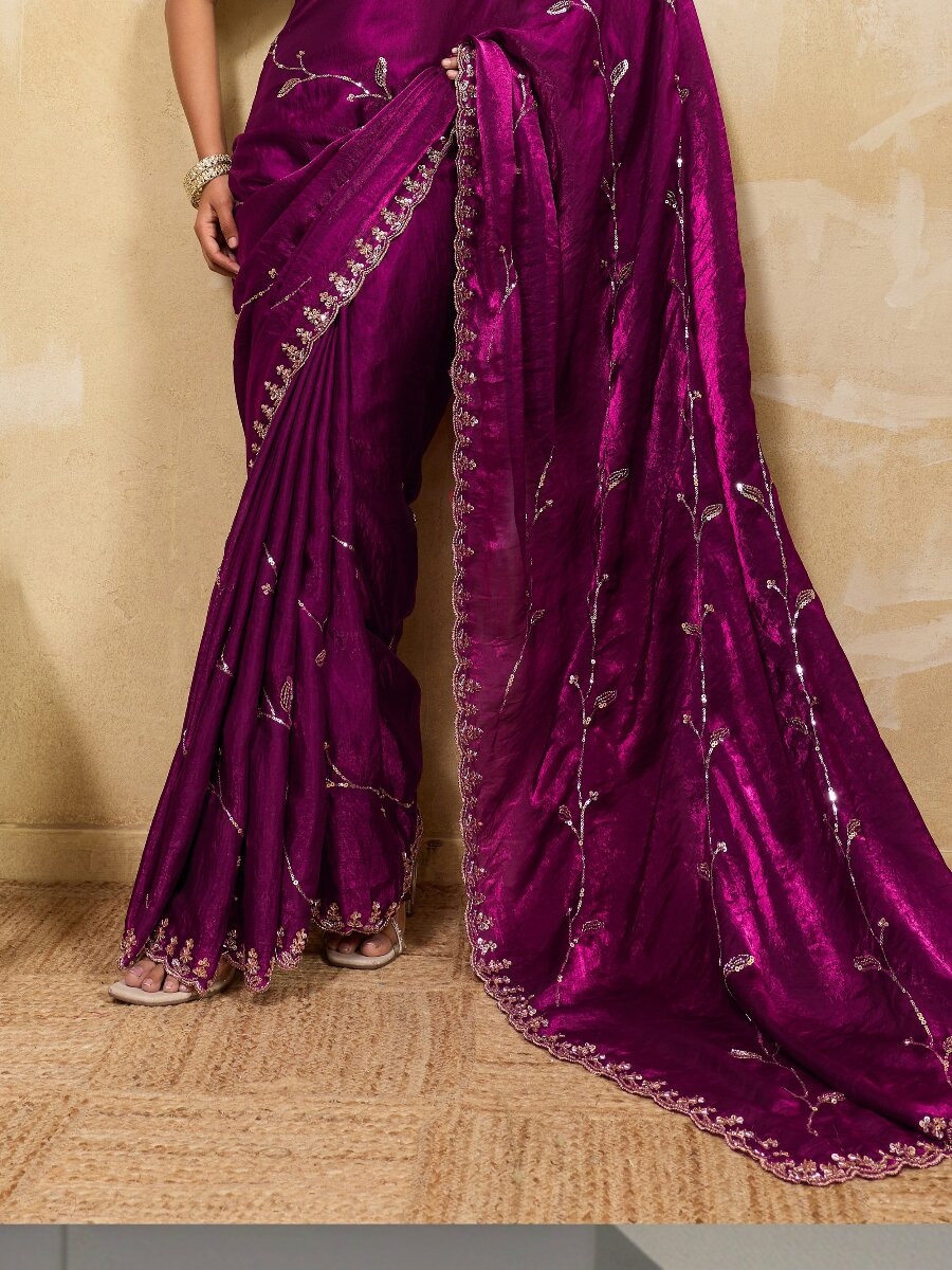 Wine Velvet Satin Sequins Wedding Reception Festival Party Heavy Border Sarees