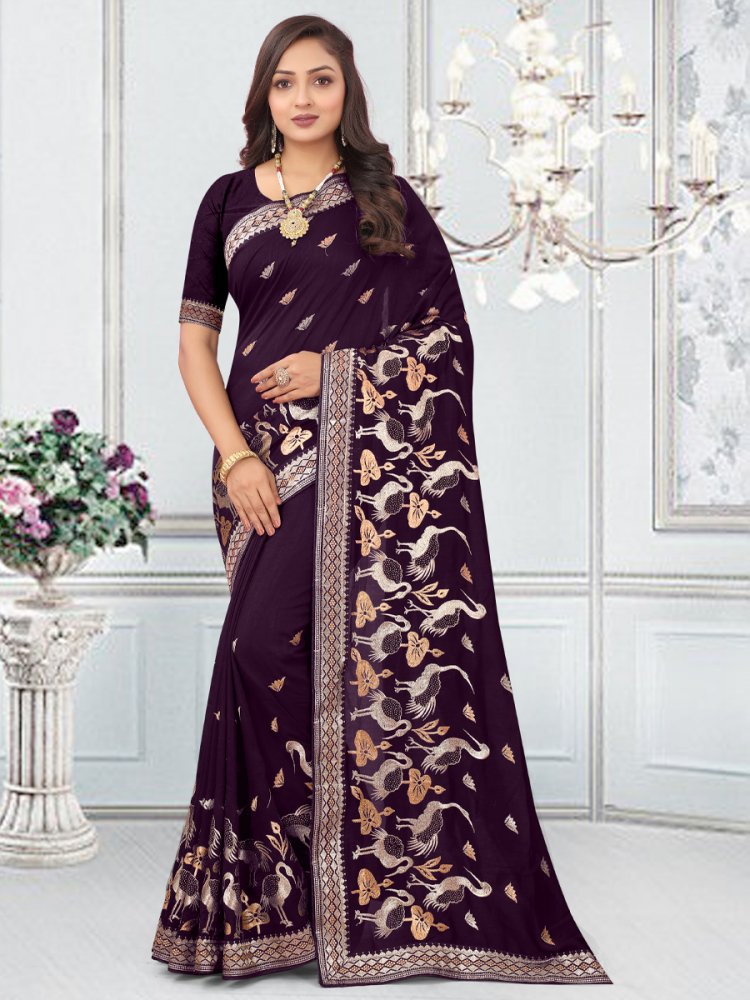 Wine Vichitra Blooming Embroidered Wedding Party Heavy Border Saree