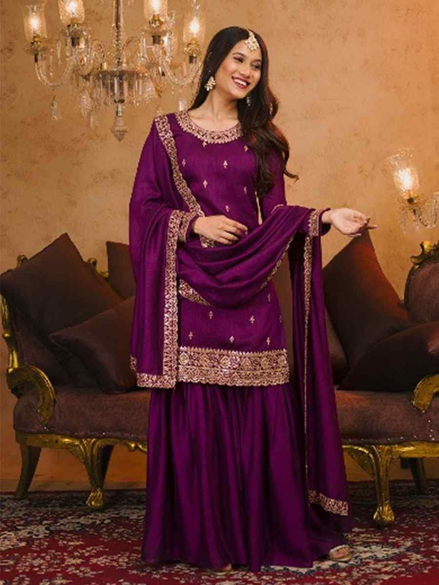 Wine Vichitra Embroidery Party Wedding Festival Casual Ready Sharara Pant Salwar Kameez