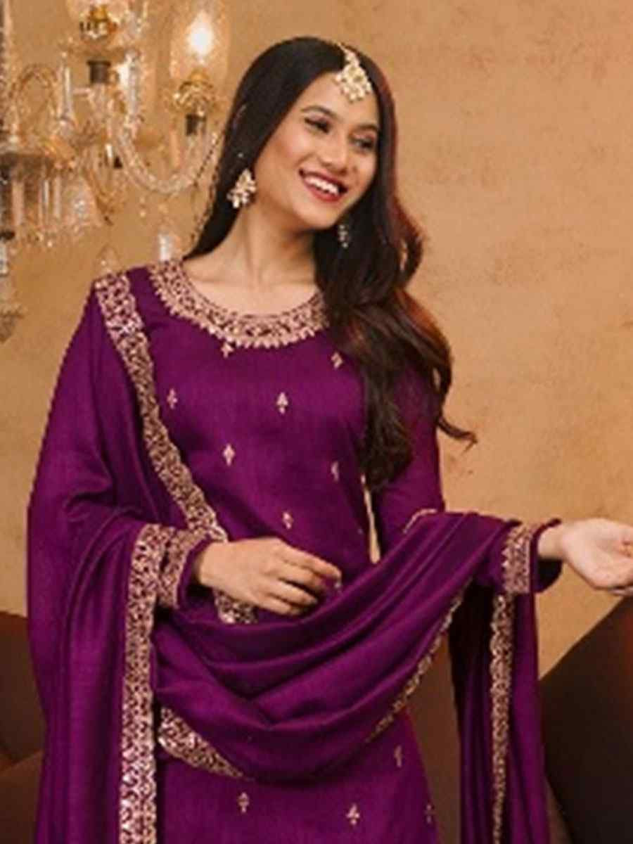 Wine Vichitra Embroidery Party Wedding Festival Casual Ready Sharara Pant Salwar Kameez