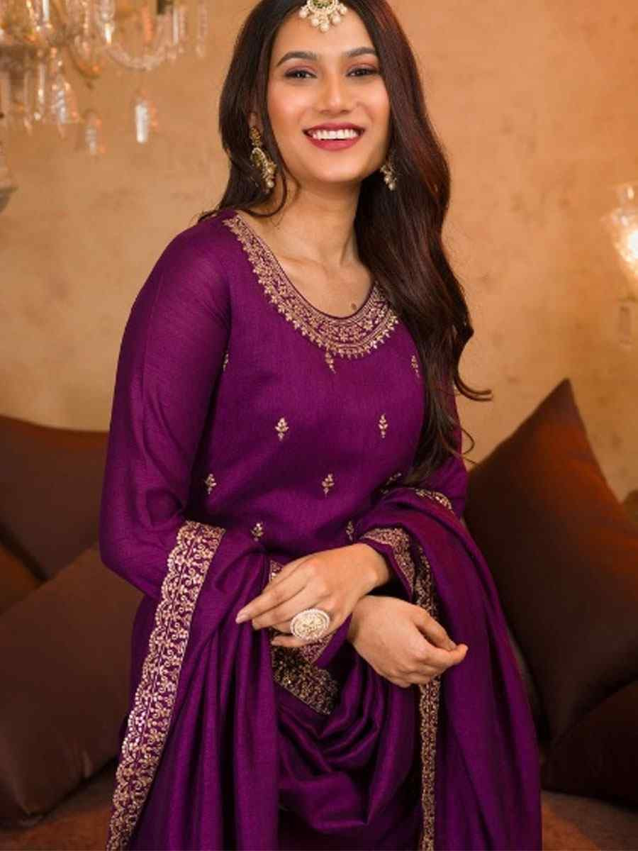 Wine Vichitra Embroidery Party Wedding Festival Casual Ready Sharara Pant Salwar Kameez