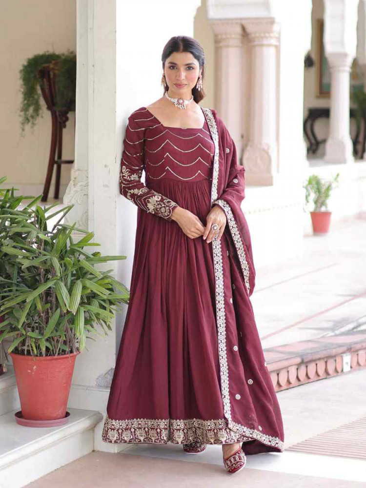Image of Wine Vichitra Silk Embroidered Festival Casual Wedding Gown Women Wear