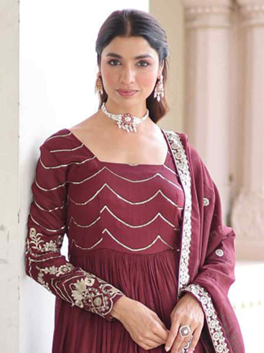 Wine Vichitra Silk Embroidered Festival Casual Wedding Gown Women Wear