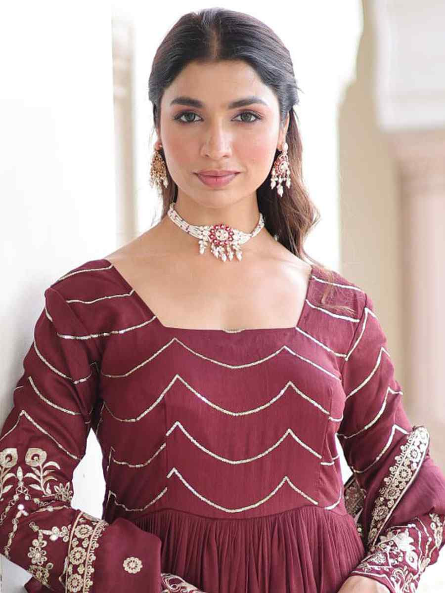 Wine Vichitra Silk Embroidered Festival Casual Wedding Gown Women Wear