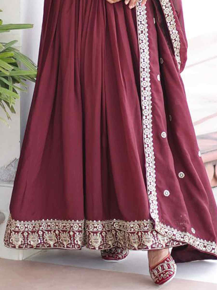 Wine Vichitra Silk Embroidered Festival Casual Wedding Gown Women Wear