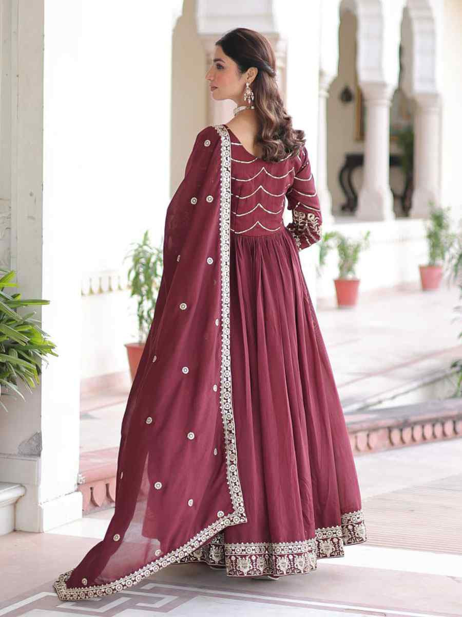 Wine Vichitra Silk Embroidered Festival Casual Wedding Gown Women Wear