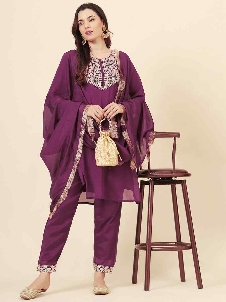 Wine Vichitra Silk Embroidered Party Wedding Ready Pant Salwar Kameez