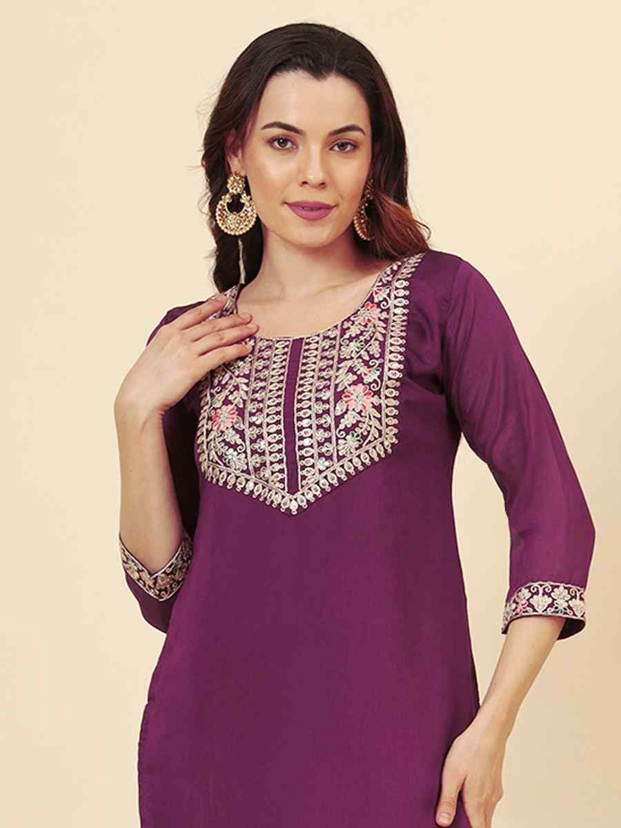 Wine Vichitra Silk Embroidered Party Wedding Ready Pant Salwar Kameez
