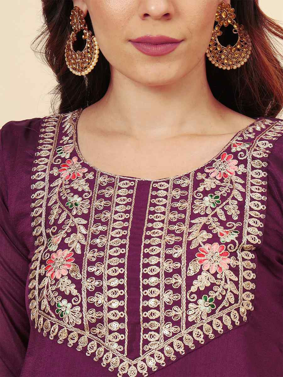 Wine Vichitra Silk Embroidered Party Wedding Ready Pant Salwar Kameez