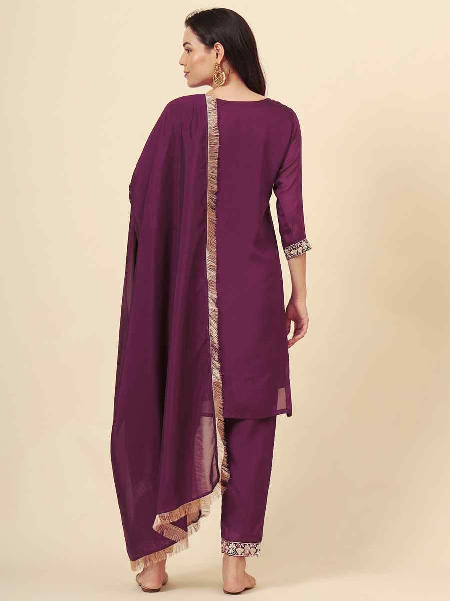 Wine Vichitra Silk Embroidered Party Wedding Ready Pant Salwar Kameez