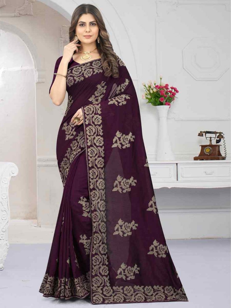 Wine Vichitra Silk Embroidered Wedding Festival Heavy Border Saree