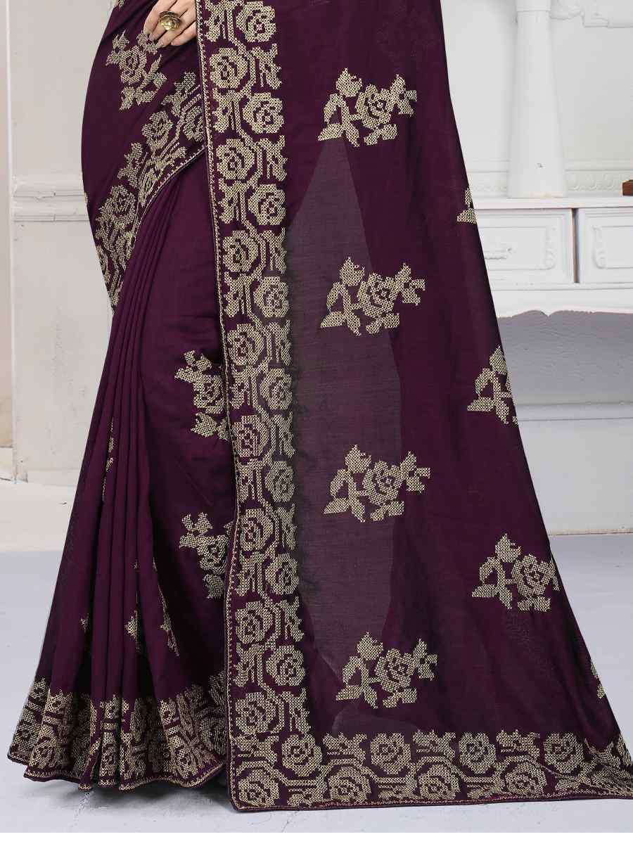 Wine Vichitra Silk Embroidered Wedding Festival Heavy Border Saree