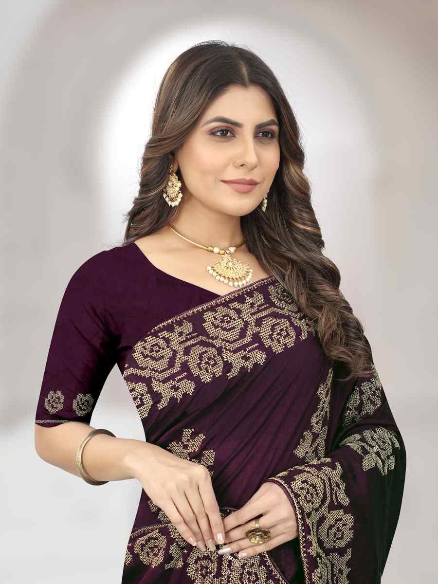 Wine Vichitra Silk Embroidered Wedding Festival Heavy Border Saree
