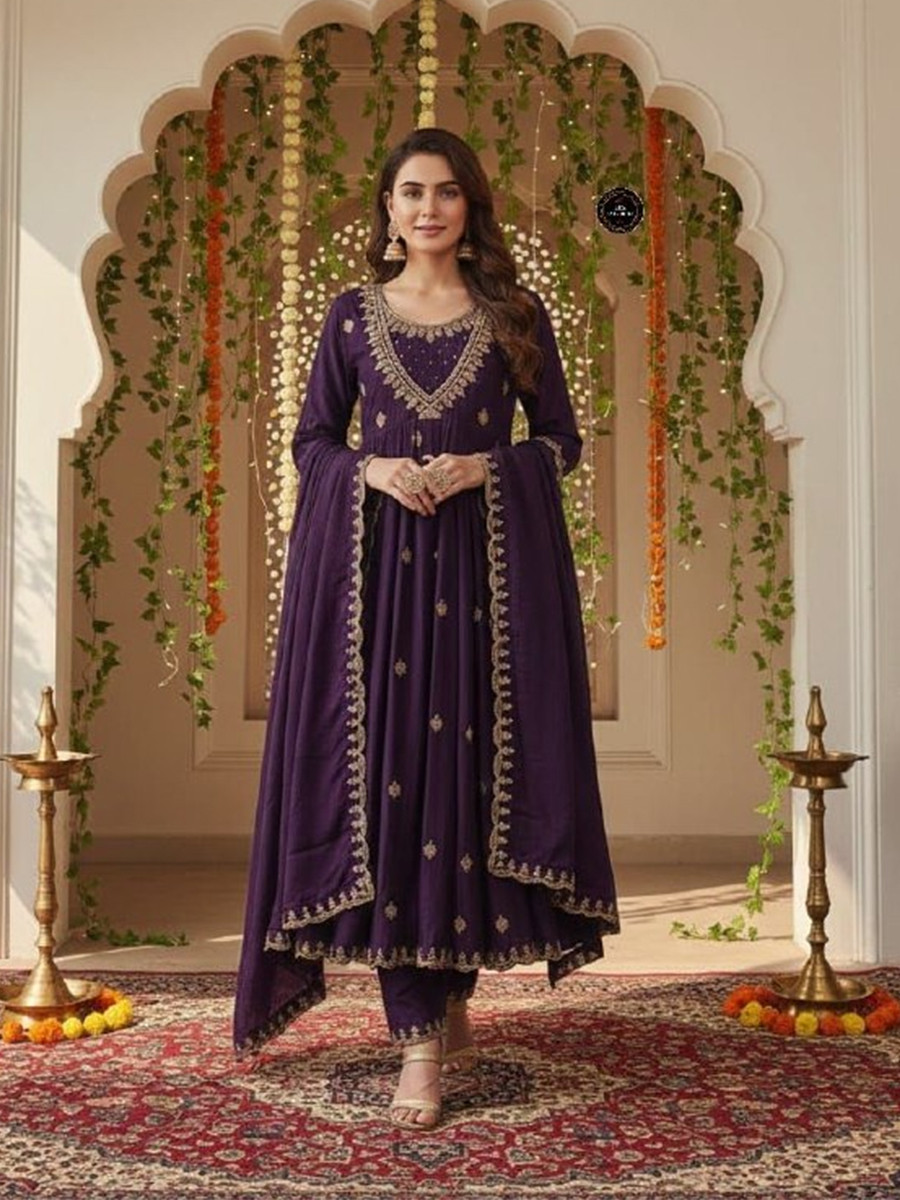 Wine Vichitra Silk Embroidery Party Wedding Festival Party Ready Anarkali Pant Salwar Kameez