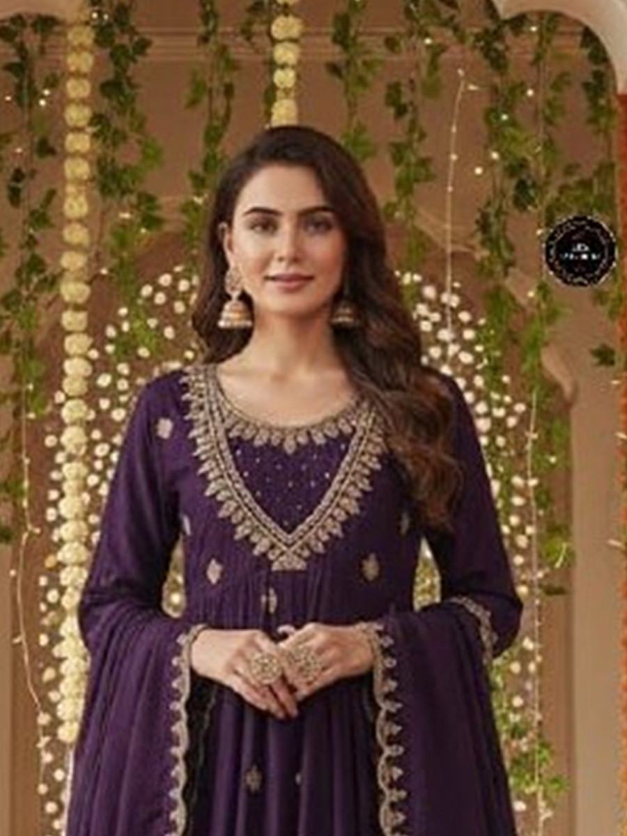 Wine Vichitra Silk Embroidery Party Wedding Festival Party Ready Anarkali Pant Salwar Kameez