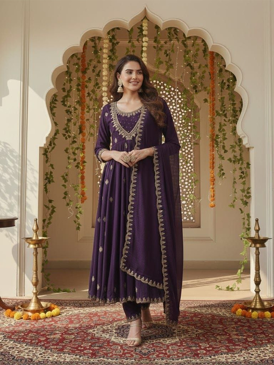 Wine Vichitra Silk Embroidery Party Wedding Festival Party Ready Anarkali Pant Salwar Kameez