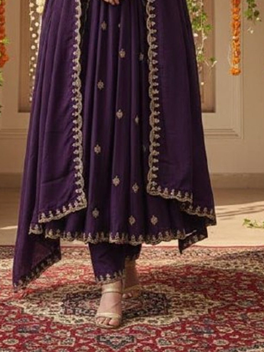 Wine Vichitra Silk Embroidery Party Wedding Festival Party Ready Anarkali Pant Salwar Kameez