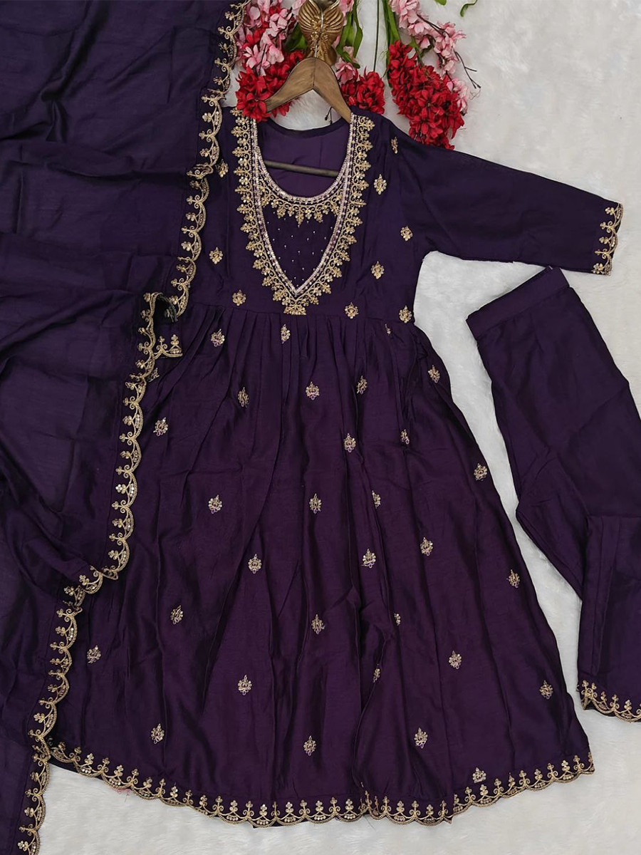 Wine Vichitra Silk Embroidery Party Wedding Festival Party Ready Anarkali Pant Salwar Kameez