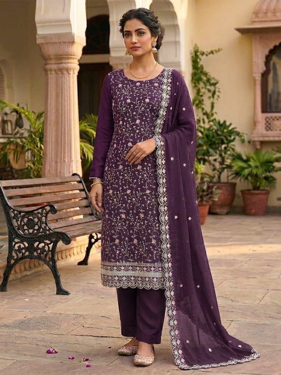 Wine Vichitra Silk Embroidery Wedding Party Festival Casual Pant Salwar Kameez